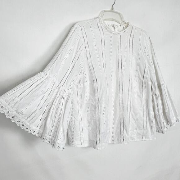 H&M Womens Top Medium Cotton Eyelet Bell Sleeve Cottagecore Fairy Beachy Coastal - Picture 2 of 11